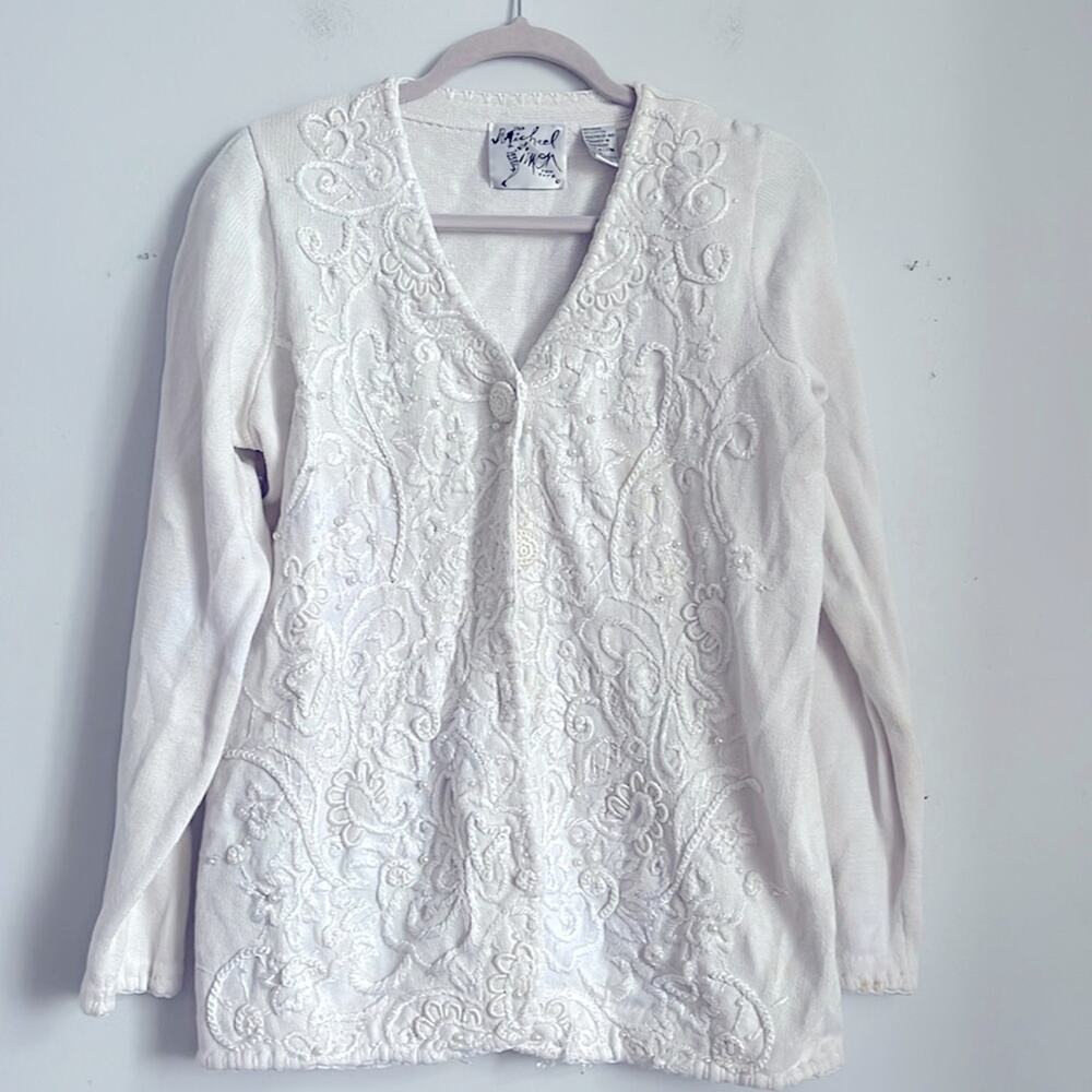 Vintage Michael Simon embroidered bead embellished V neck cardigan sweater sz L